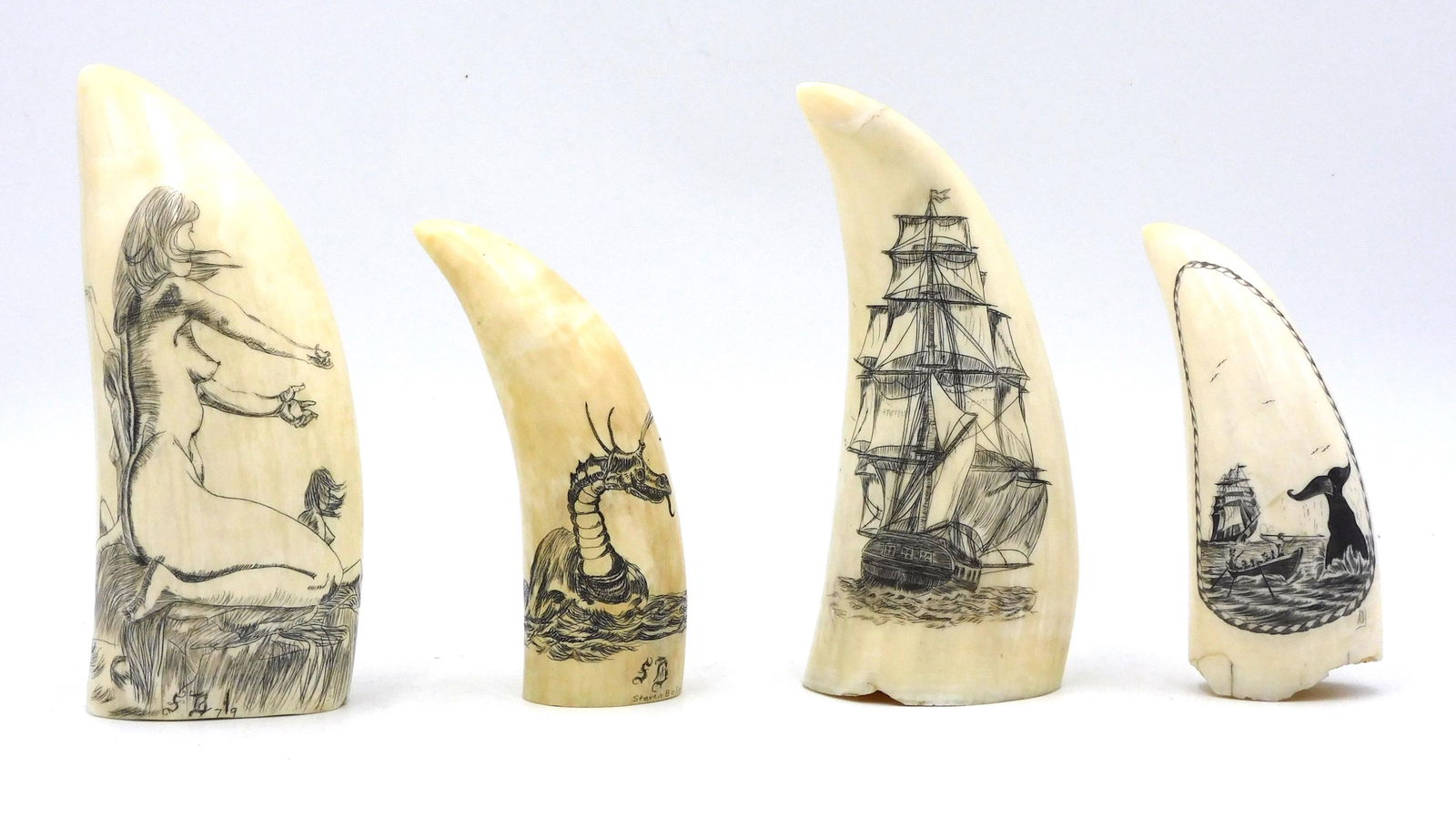 (4) Scrimshaw Whale Teeth: 20th C. To include: (A) Monochrome polished and engraved sperm whale tooth. Recto features three nude women, probably sirens. Signed "SB 79". Verso features an American ship under sail approaching roc