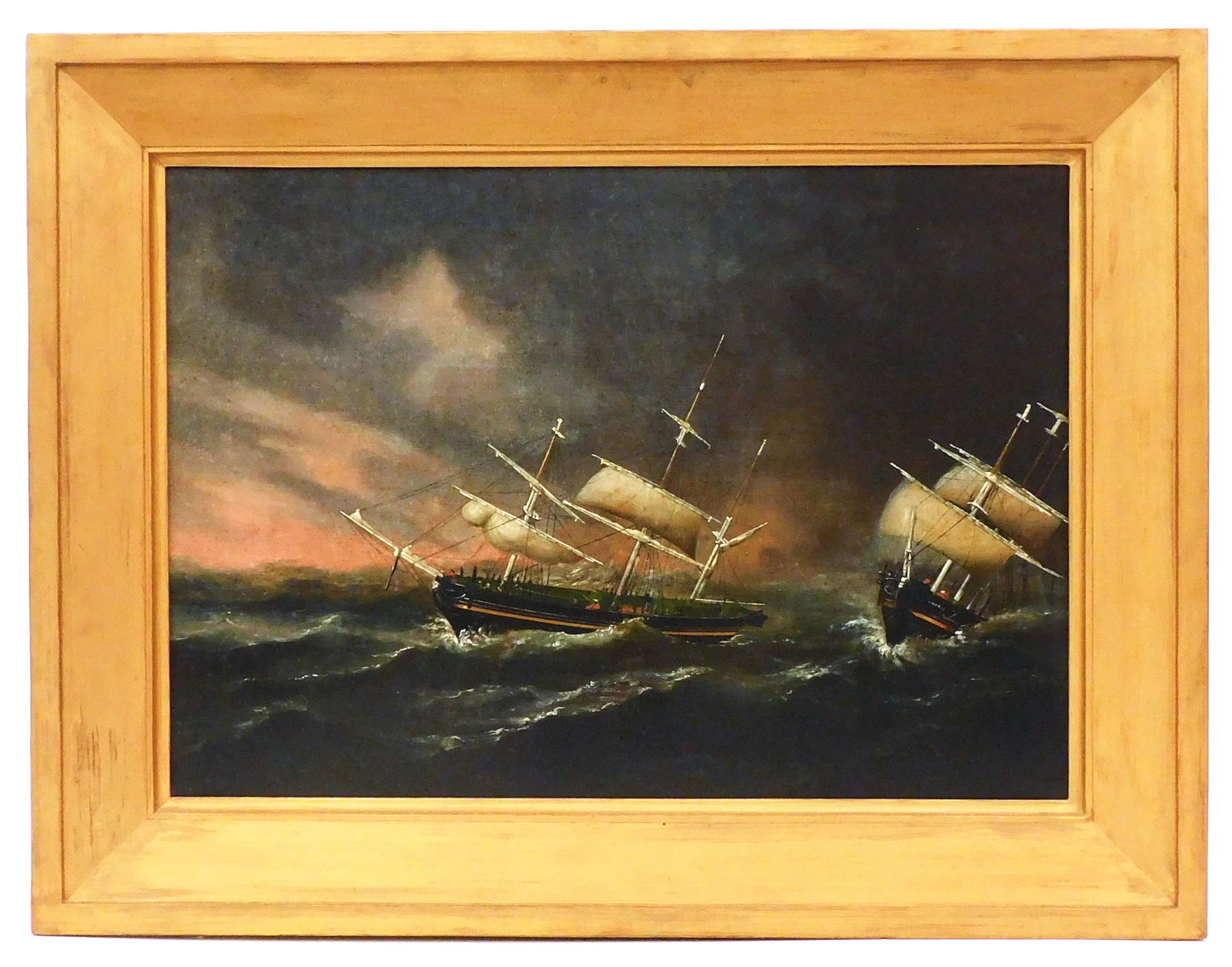 J. Murday (Attributed) Nautical Painting: (British, 19th C.) Oil on canvas. Depicting the bark HOPE shown in a port view under shortened sail in rough waters. The ship to the right appears to be the bow-quarter view of the same vessel. The se