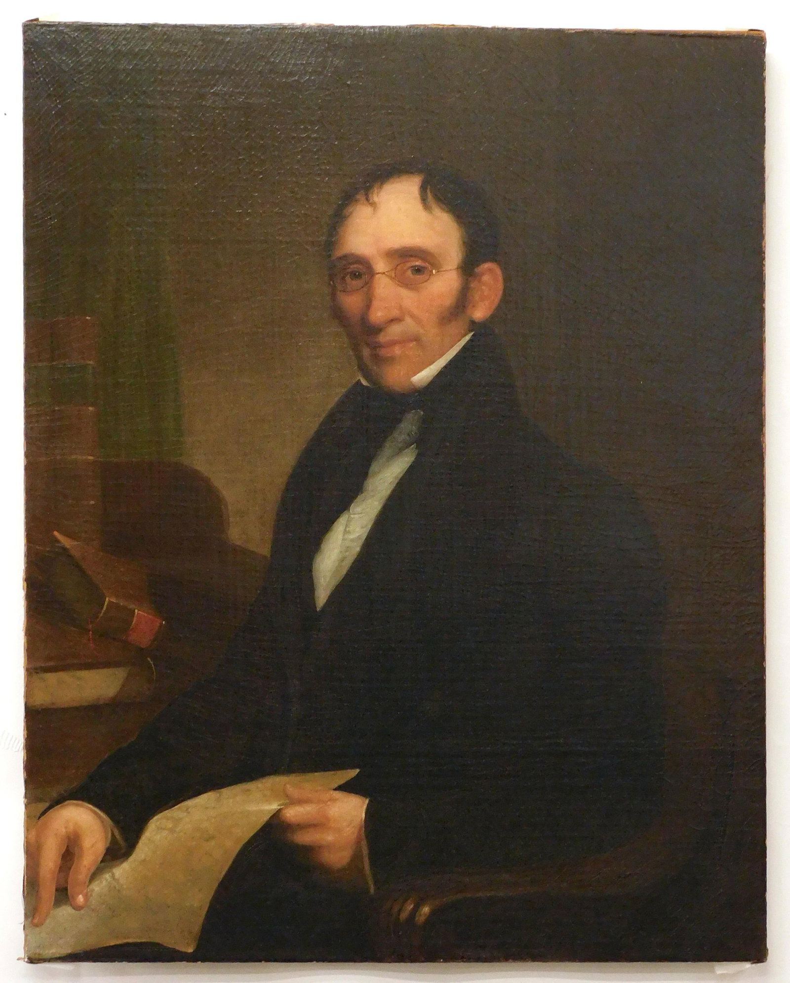 Portrait of a Gentleman: Ca. 1835. Possibly Jonathan Bowditch. Oil on canvas. Unsigned. 3/4 length portrait of Jonathan wearing spectacles, holding a piece of paper. Black coat, white shirt and black tie. In the background on