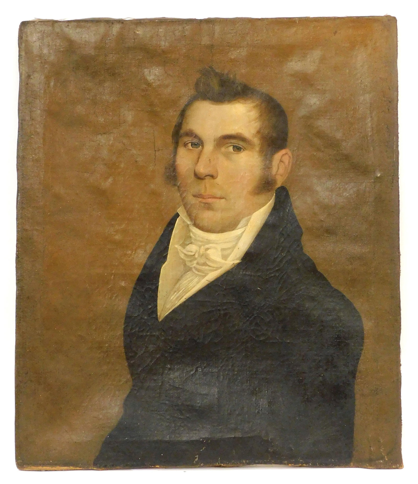 Portrait of a Gentleman: Early 19th C. Oil on canvas. Unsigned. 3/4 length view of a man in a black coat with raised collar and open front showing a white shirt and white cravat. Sight size: 26" high x 22" wide. Unframed. Ins