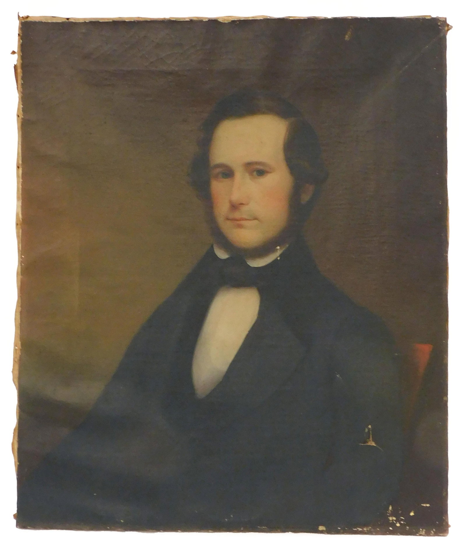 Portrait of Algernon Sidney Howland: New Bedford merchant, died 1864. Oil on canvas. Unsigned. Half-length portrait. Seated in a chair wearing a black coat and tie. Sight size: 30" high x 25" wide. Unframed. Provenance: Property deaccess