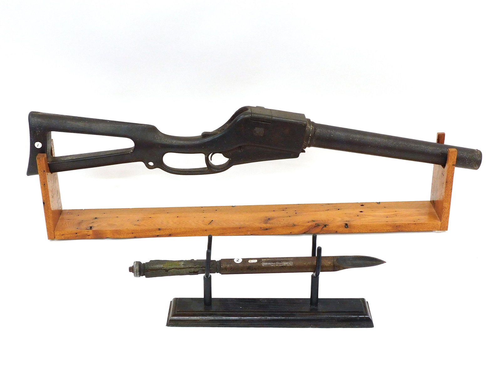 Whaling Shoulder Gun and Bomb Lance: Ca. 1870s. Herbert W. Chapman (patent holder) steel, breech loading shoulder gun and bomb lance. The bomb lance features original Cunningham and Cogan label made by Patrick Cunningham and Bernard Coga