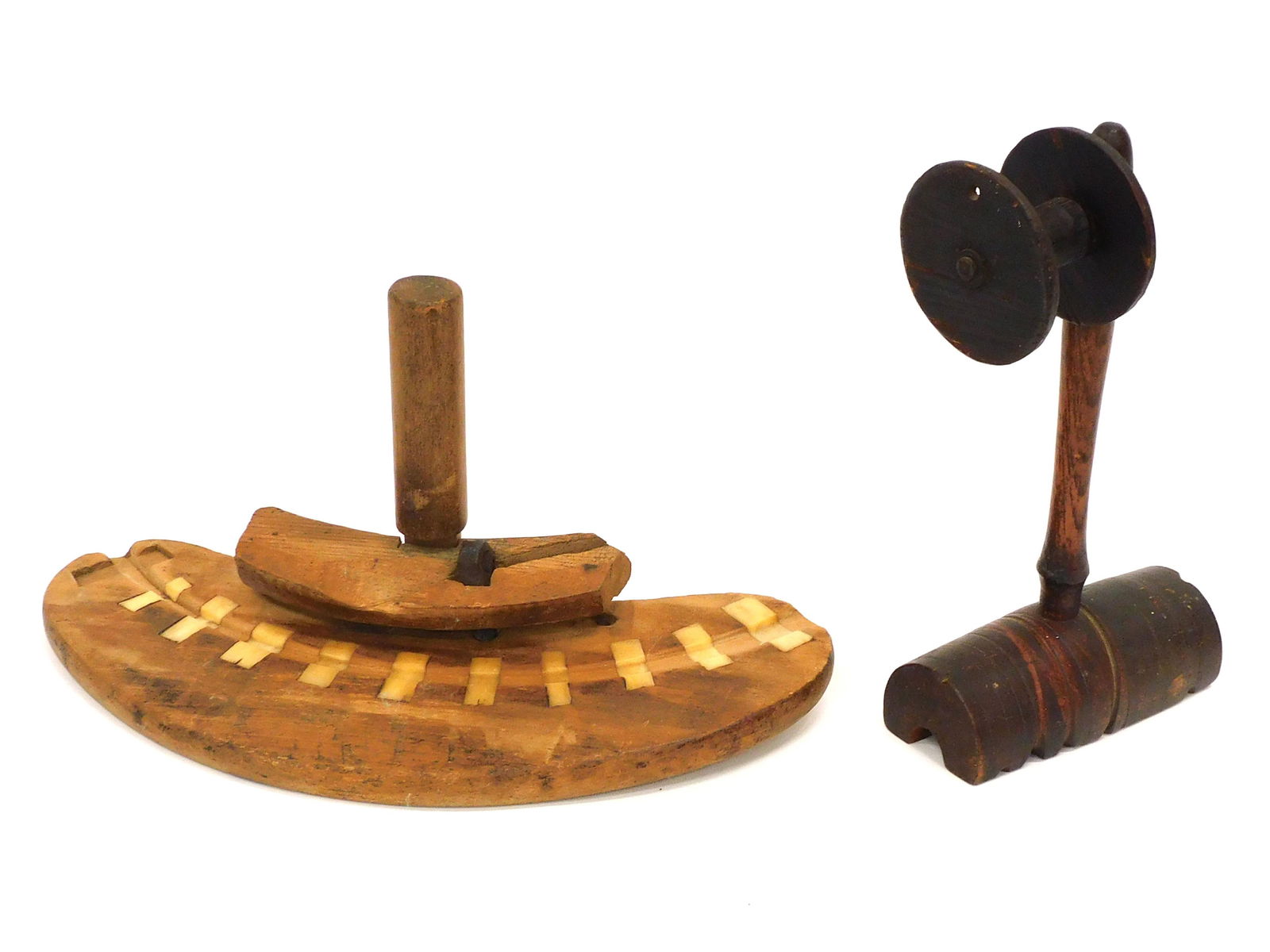 Serving Mallet and Cooper's Tool: 19th C. Includes wooden serving mallet with spool at end of handle. 11 1/2" high x 6" wide x 2 3/4" deep. Together with a cooper's tool for fitting lid to barrel, with whale ivory gliders. 7 3/4" high