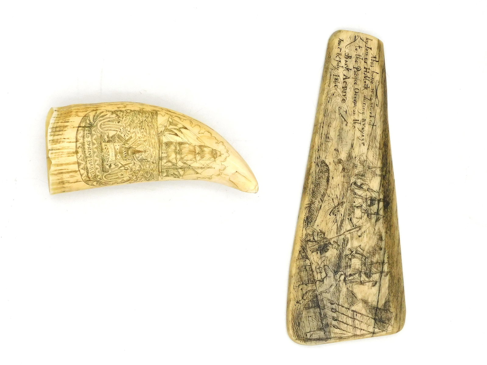 (2) Scrimshaw Pieces: 20th C. To include: (A) Tooth marked "H.P. 1845. Trusted to the Sea". Church and landscape scene. Other side is Old Spring Harbor with sailing ship and coat of arms style decoration with flags and anc