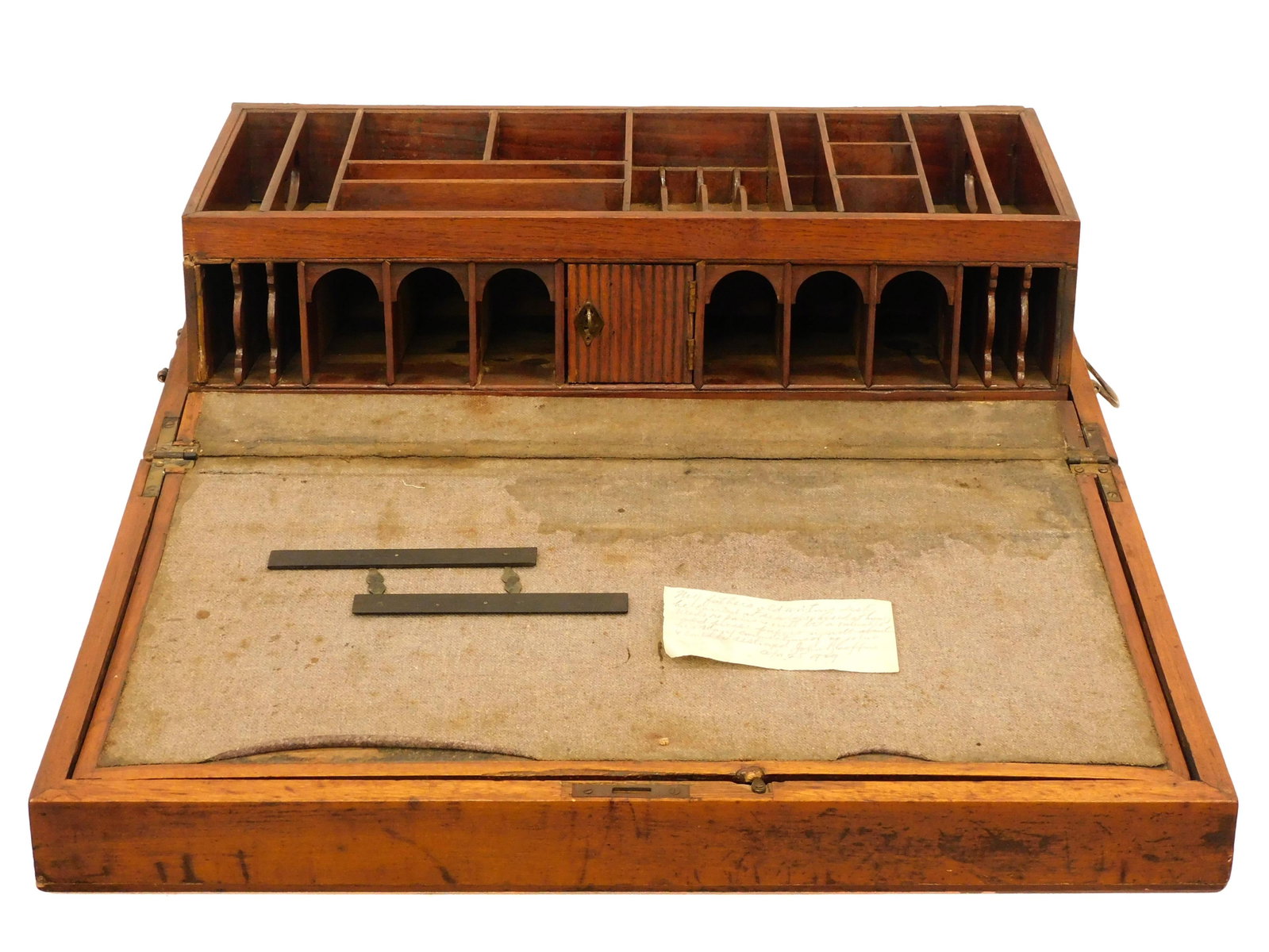 Large Sea Captain's Traveling Desk and Telescope: 19th C. To include: (A) Complex multi-compartmental interior with carved prospect door with key. Also includes ink well, parallel rule and canvas writing surface. Brass handles. From Nantucket with Co