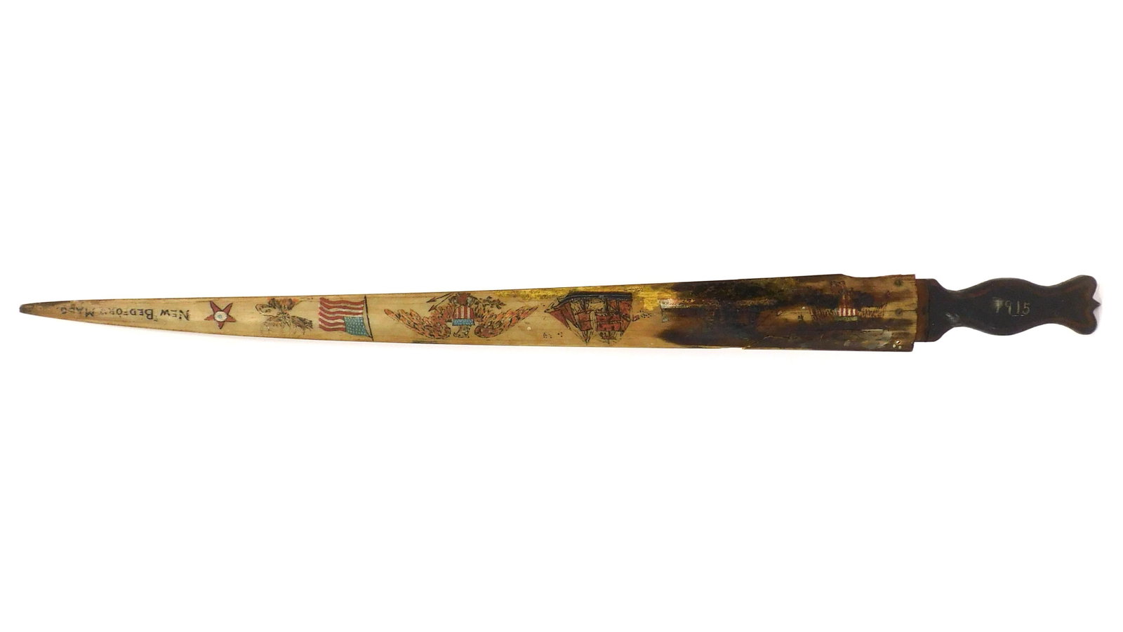 Swordfish Bill Sword: Dated 1915. Painted nautical scenes. Also with eagle, flag, elk, star and marked "New Bedford, Mass". 42 1/4" long.