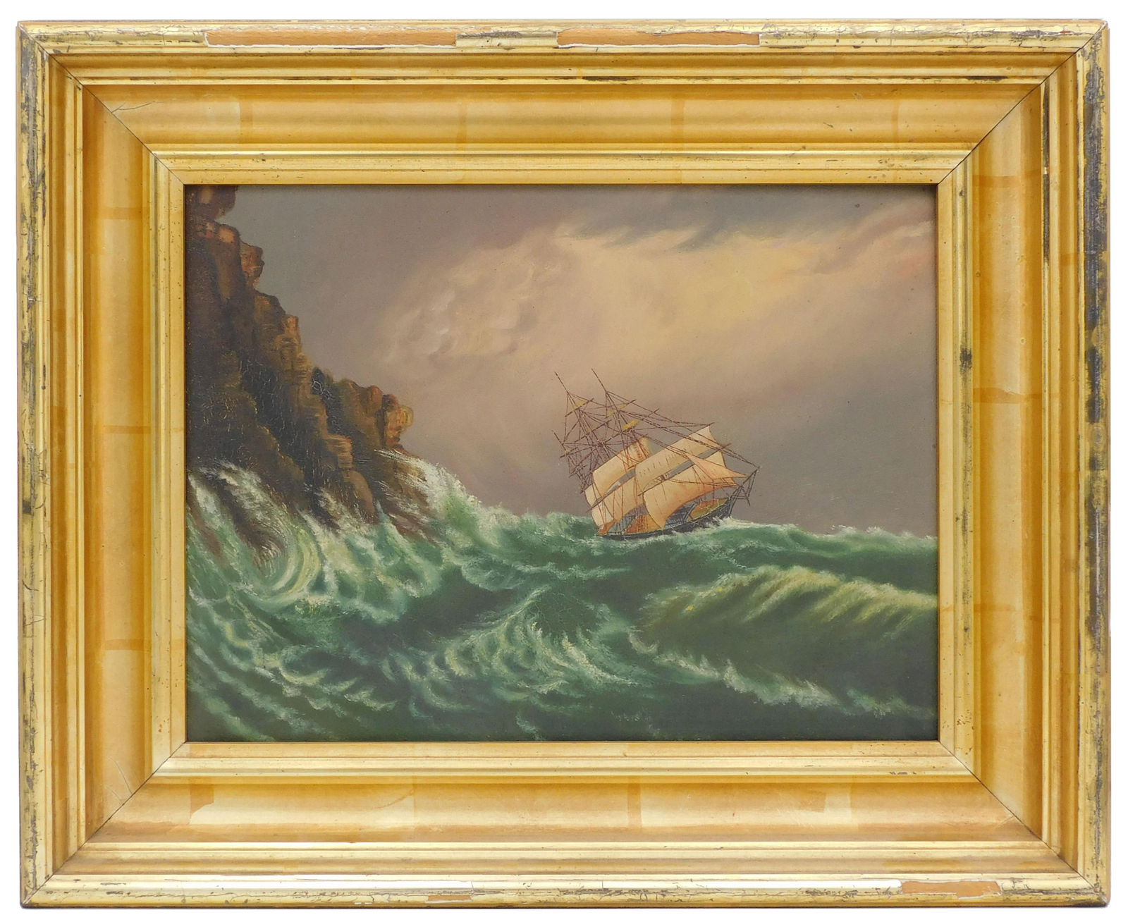 Clement Drew (Attributed) Marine Painting: (American/Massachusetts, 1806-1899). 19th C. Oil on board. Titled: "Off a Lee Shore". Unsigned. Sight size: 9" high x 12" wide. In a gilt frame measuring: 13 3/4" high x 17" wide.