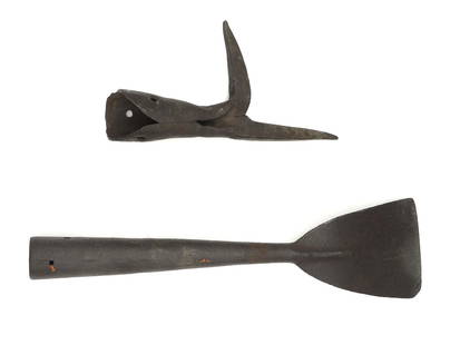 (2) Iron Whaling Items: 19th C. To include: (A) Socketed boat hook. 9" long. (B) Cutting spade with unusual curve. Illegibly marked. 15" long x 3 7/8" wide.