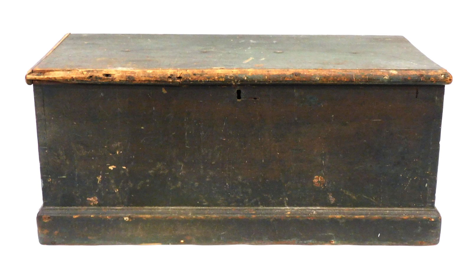 Sea Chest: 19th C. Dovetailed sea chest. All green painted finish. Till and wrought iron strap hinges. 15" high x 32 1/2" wide x 14 3/4" deep.