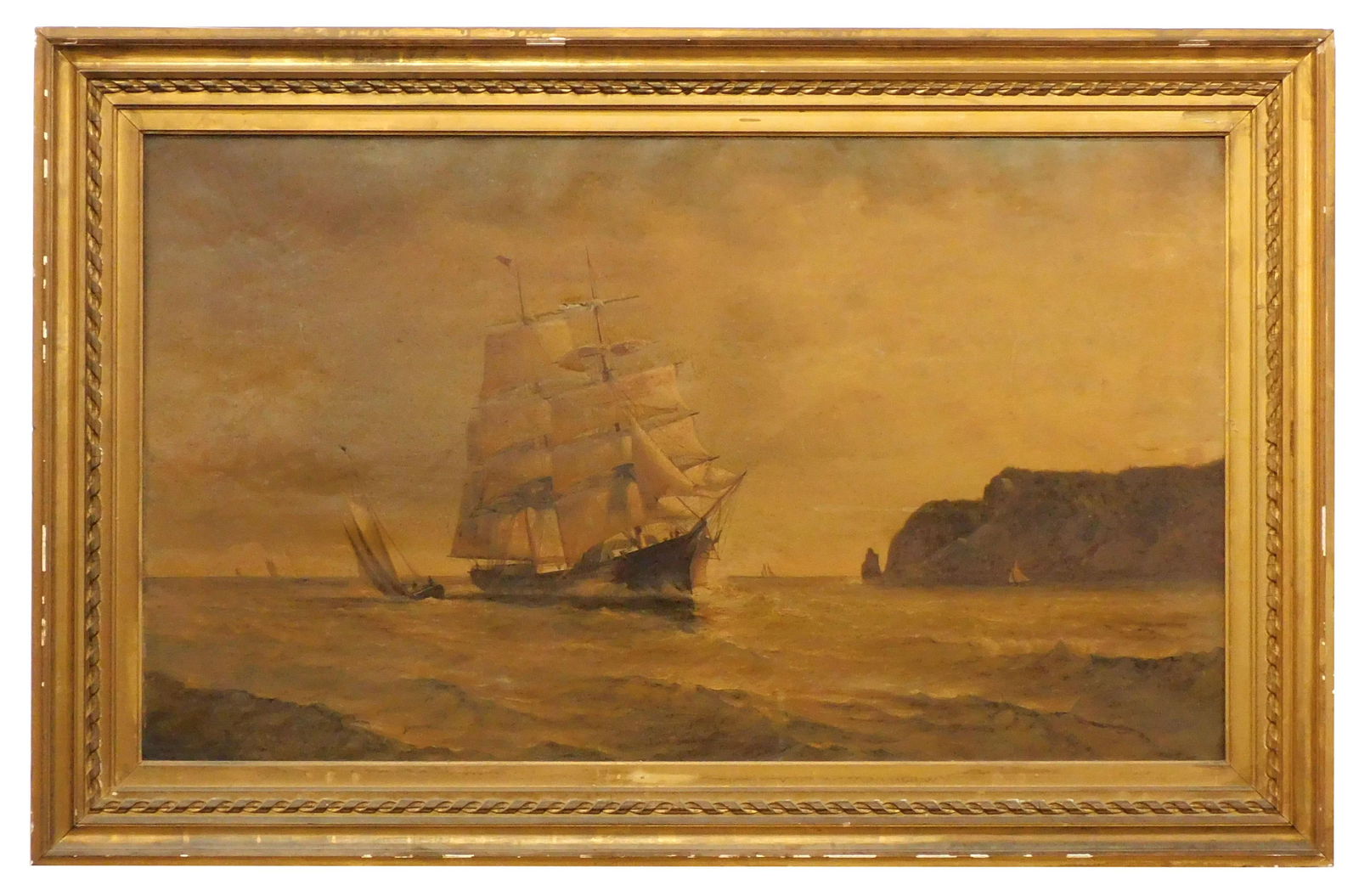 Marshall Johnson, Jr. Painting: (American/Massachusetts, 1850-1921). Oil on canvas. Signed lower left. Depicts fully rigged ship entering a harbor with people on board. Sight size: 27 1/2" high x 47 3/4" wide. In frame measuring: 37