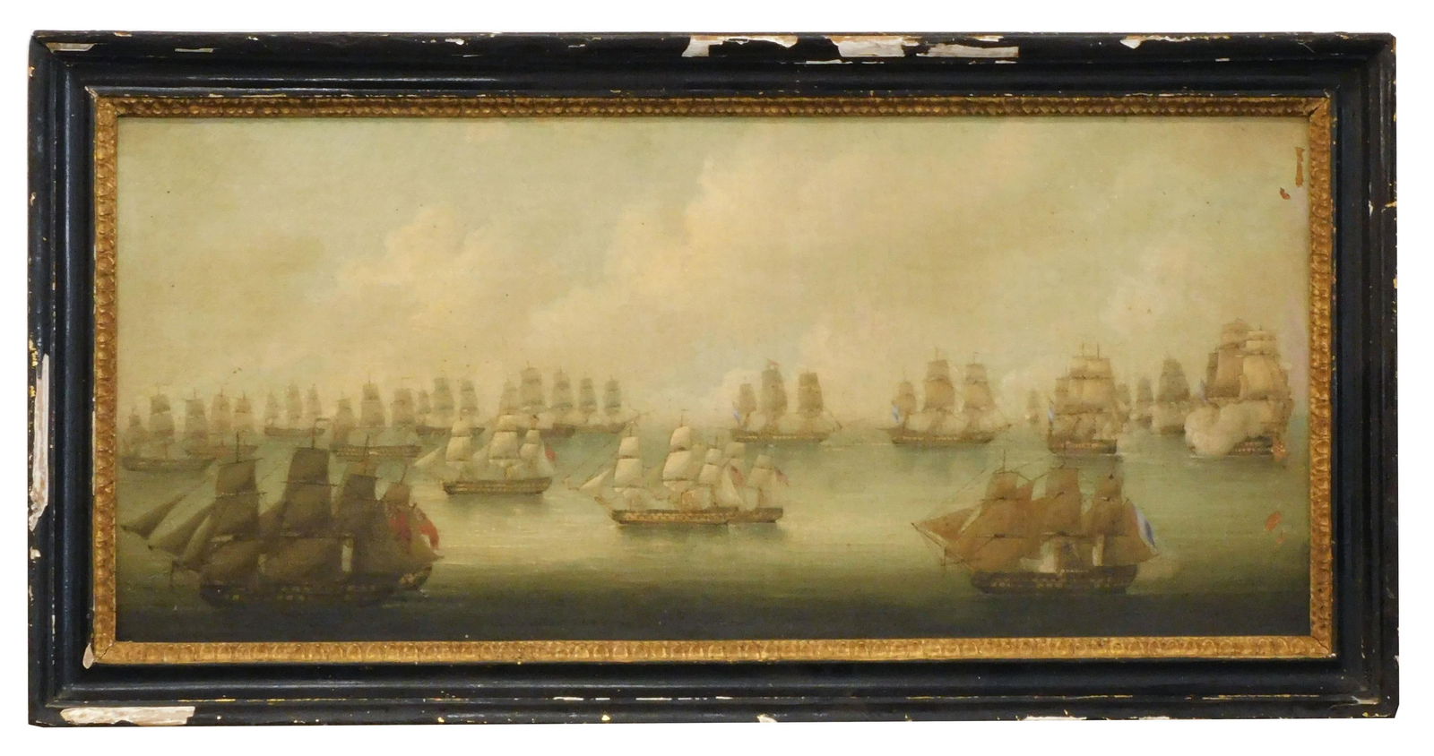 Naval Scene Painting: Early 19th C. Oil on canvas. Depicts naval battle scene with English, French and American ships. Sight size: 11 3/4" high x 27" wide. In a frame measuring 15 1/2" high x 30 3/4" wide.