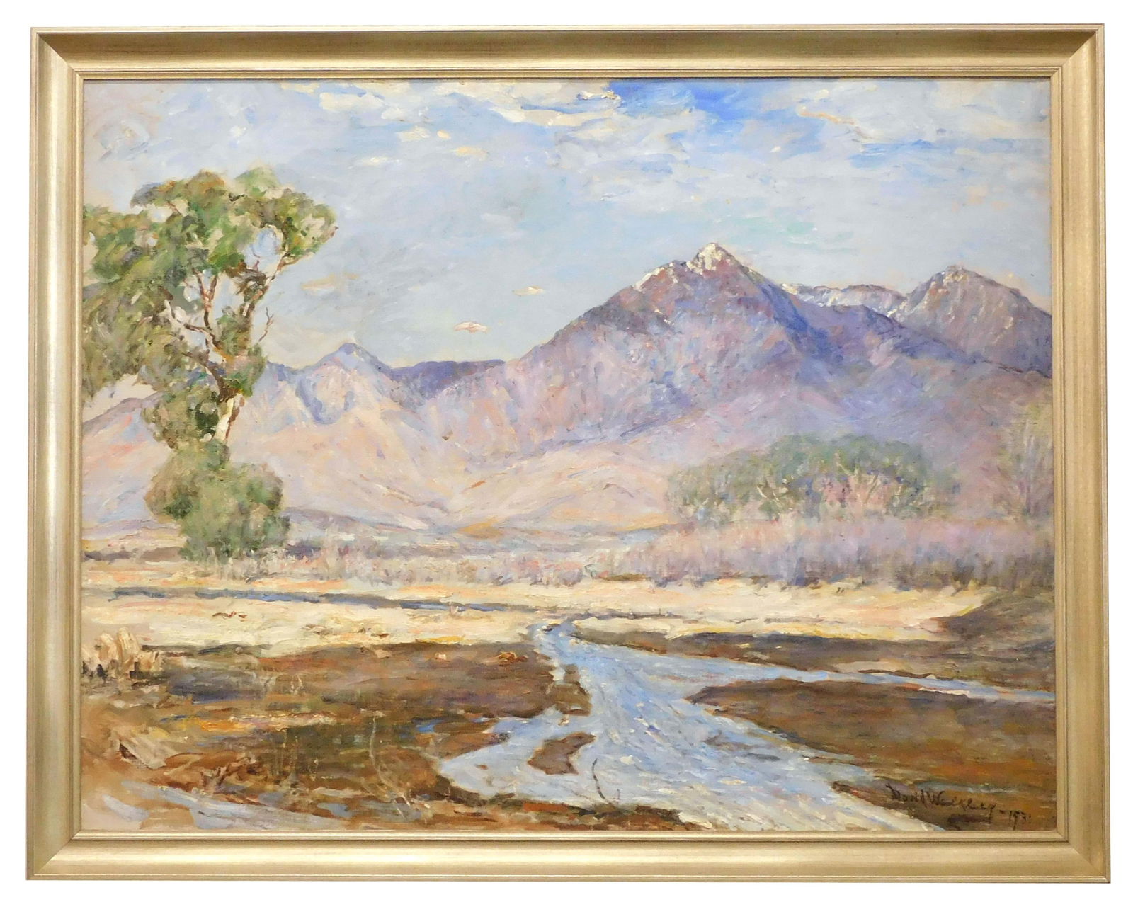 David B. Walkley Painting: (American, 1849-1934). Oil on Canvas. Signed lower right. Dated 1931. Titled: "Catalina Mountains". Sight size 27 1/2" high x 35 1/2" wide. In frame measuring: 31 1/4" high x 39 1/4". wide. Provenance