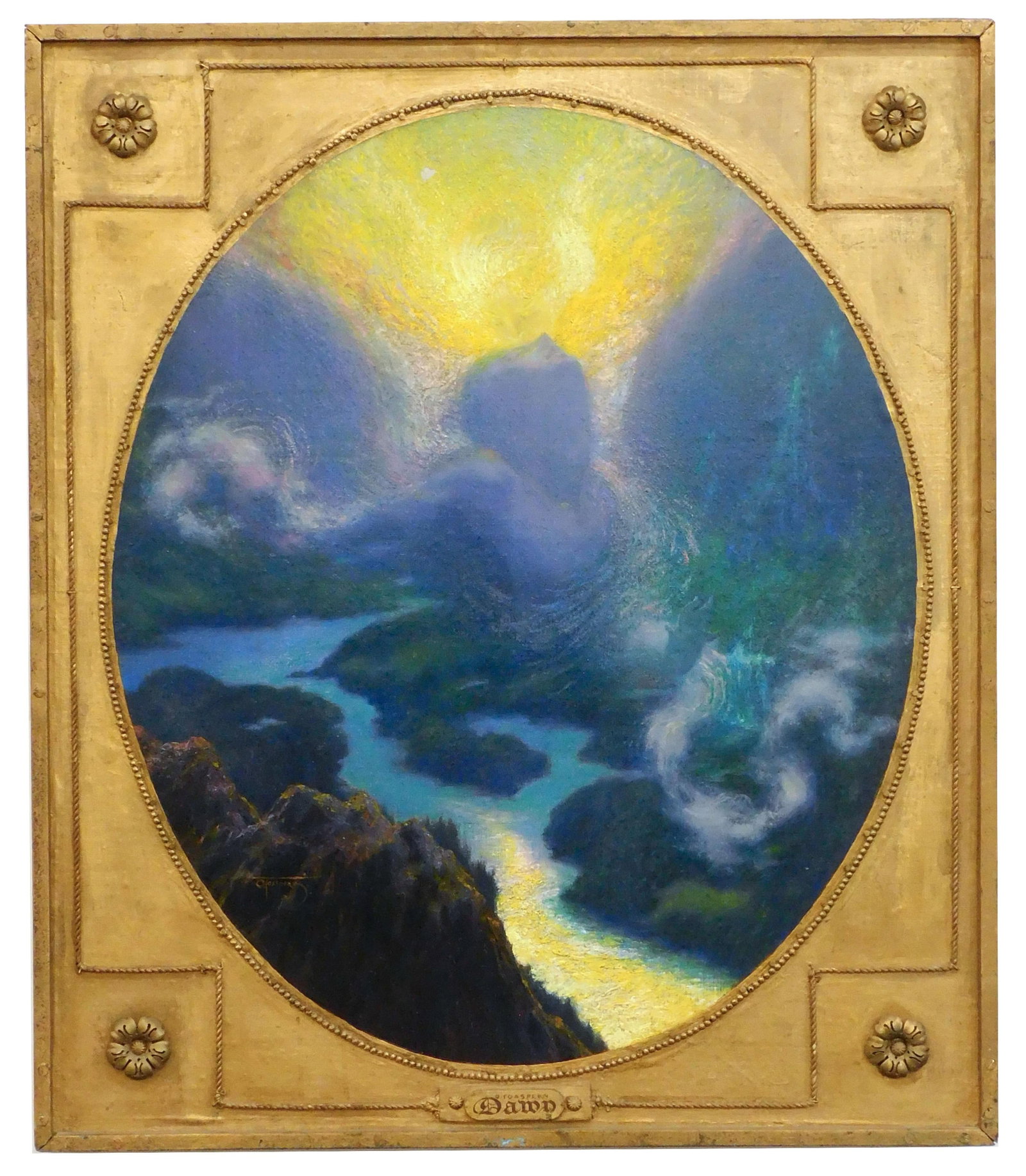 Otto Toaspern Painting: (American/New York, 1863-1940). Oil on wooden panel. Signed lower left. Titled "Dawn". Sight size: 29 1/2" high x 24 1/4" wide. In custom made frame, probably original, measuring: 34 1/4" high x 29 1/
