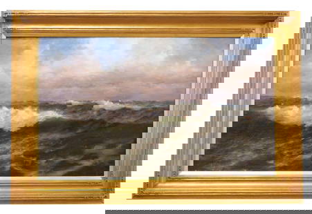 Henry Newell Cady Painting: (American/Rhode Island, 1849-1935). Oil on canvas. Titled: "Seascape at Sunrise Surf on Beach". Signed lower left. Sight size: 18" high x 30" wide. In a modern carved and gilded frame measuring: 24 1/