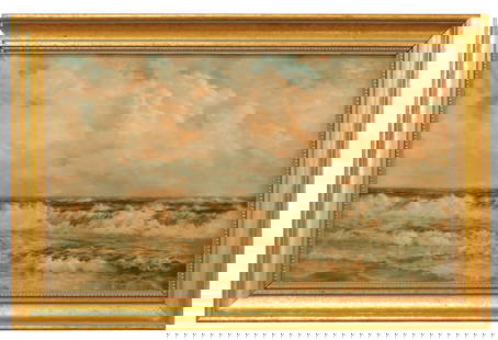 Henry Newell Cady Painting: (American/Rhode Island, 1849-1935). Oil on canvas. Depicts a seascape. Signed lower right. Dated 1892. Sight size: 18" high x 30" wide. In a modern gilded frame measuring: 23 1/2" high x 35 1/4" wide.