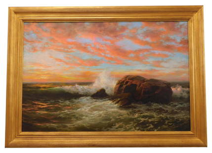 Henry Newell Cady Painting: (American/Rhode Island, 1849-1935). Oil on canvas. Titled: "Close of Day". Depicts a seascape with luminous sky. Signed lower right. Sight size: 28 1/4" high x 43" wide. In a high quality carved and g