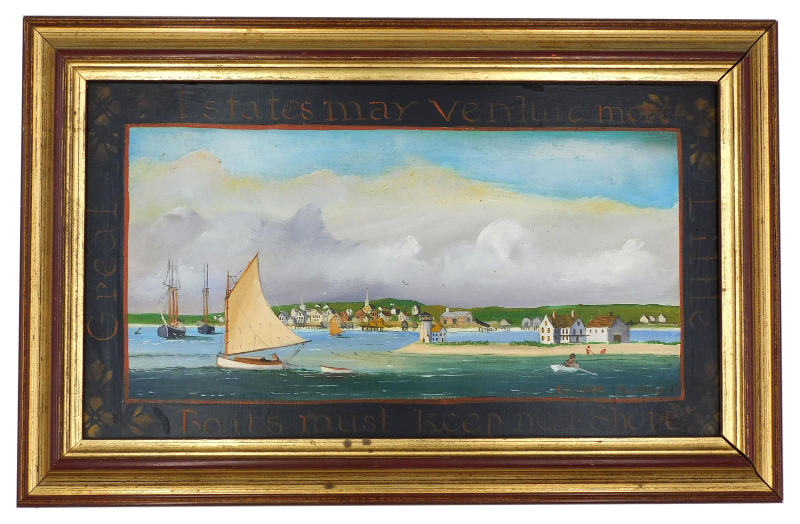 Elizabeth Mumford Painting: (American/Massachusetts, 1950-2020). Oil on wooden board. Depicts Brandt Point in the late 19th century with lighthouse, sailboats, children on the beach and the village center in the background. Mott