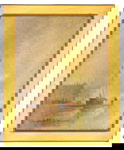 Charles Henry Gifford Painting: (American/Massachusetts, 1839-1904). Oil on wooden panel. Depicts New Bedford or Fairhaven harbor scene at low tide with a full moon. Signed lower right. Sight size: 10" high x 8" wide. In a gold wood