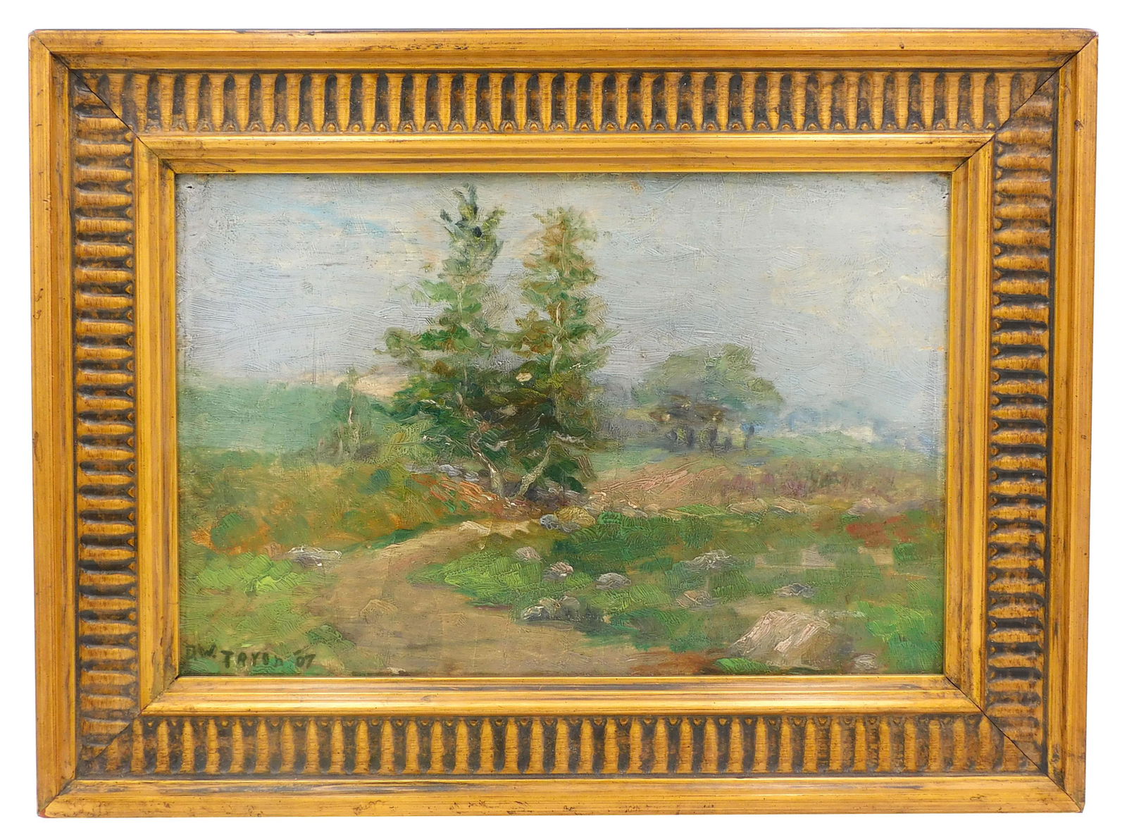 Dwight William Tryon Painting: (American/Connecticut/Massachusetts/New York, 1849-1925). Oil on board. Signed lower right and dated 1907. Tonalist landscape. Sight size: 8" high x 12" wide. In a modern frame measuring: 11 1/2" high