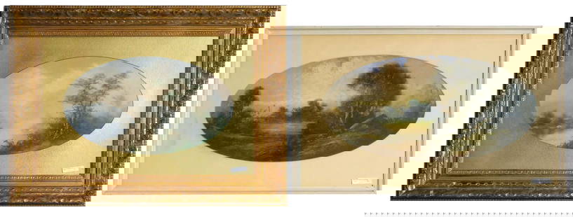 (2) Pastels by William Trost Richards: (American, 1833-1905). To include: (A) Farmhouse on a country road. Signed lower left. Dated 1891. Oval window shaped mat. Sight size: 9 1/2" high x 19" wide. In a whitewashed wooden frame measuring: