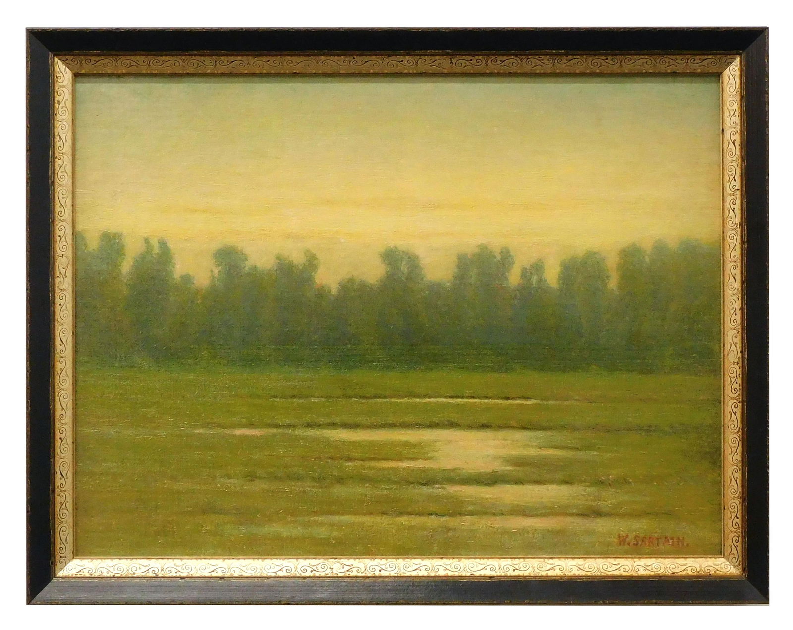 William Sartain Painting: (American/New York, 1843-1924). Oil on canvas. Signed lower right. Titled "No 232 In the Valley of the Oise". Sight size: 18" high x 24" wide. In frame measuring: 20 3/4" high x 26 3/4" wide.