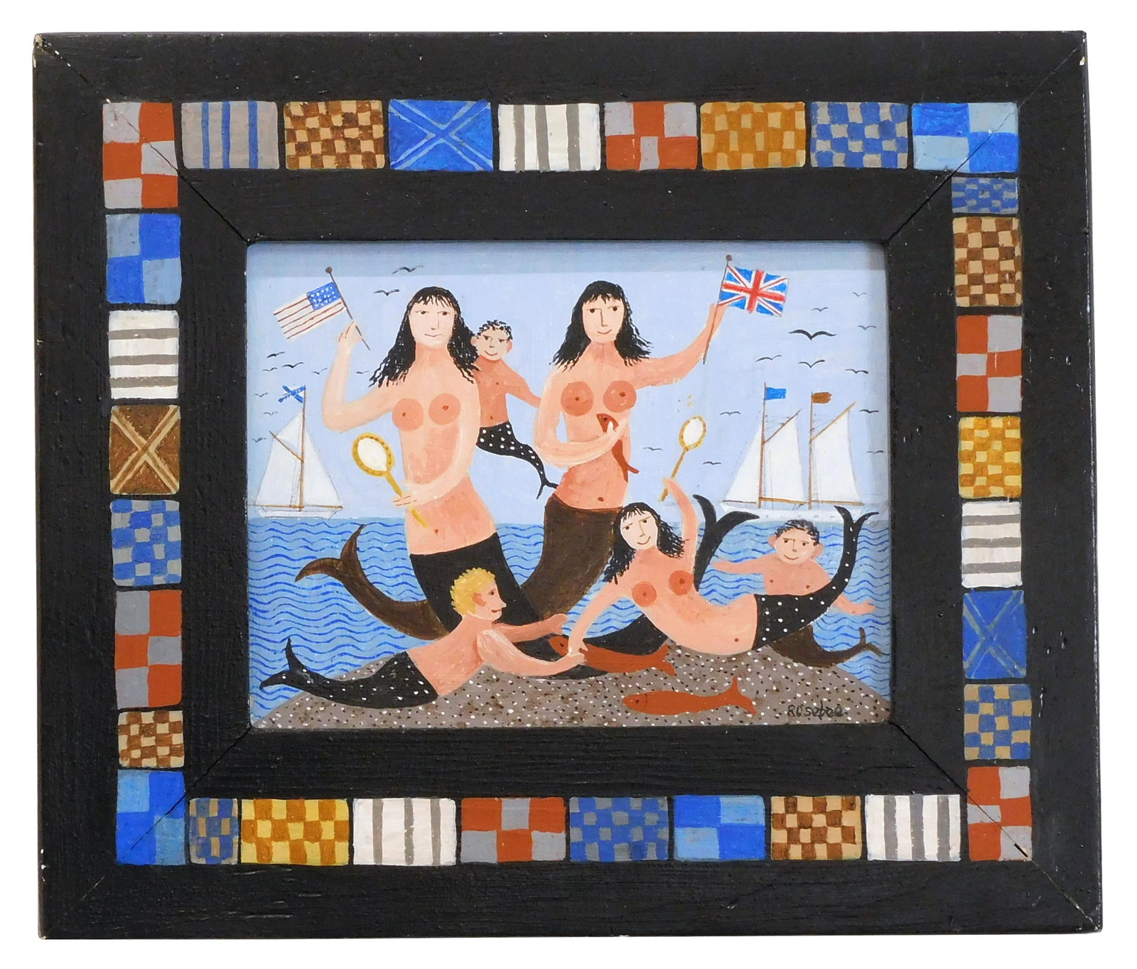 Rosebee (Cecelia Surdut) Folk Art Painting: (American/Massachusetts, 1932-2016). Oil on board. Depicts a group of mermaids at the shore holding British and American flags. Signed lower right. Sight size: 6" high x 8" wide. In an original painte