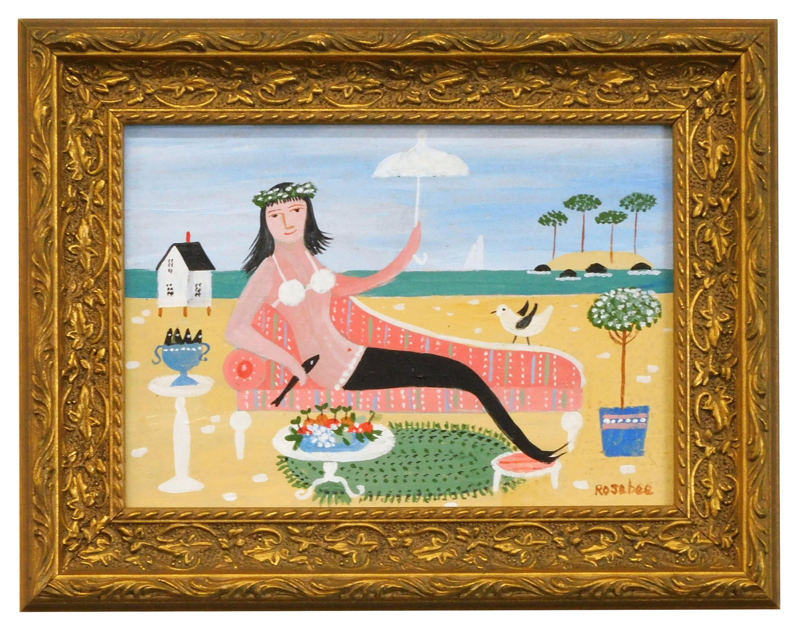 Rosebee (Cecelia Surdut) Folk Art Painting: (American/Massachusetts, 1932-2016). Oil on board. Titled on verso: "The Seaside Queen". Depicts a recumbent mermaid at the shore. Signed lower right. Sight size: 4 1/2" high x 6 1/2" wide. In an orna