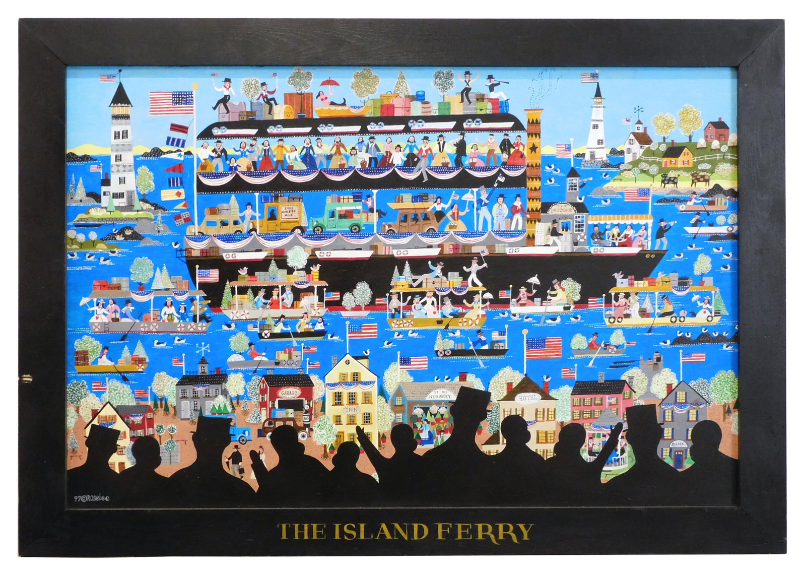 Rosebee (Cecelia Surdut) Folk Art Painting: (American/Massachusetts, 1932-2016). Oil on board. Titled on frame: "The Island Ferry". Signed lower left. Dated 1997. Depicts ferry, passengers, cars and seaside buildings. Sight size: 23" high x 35"
