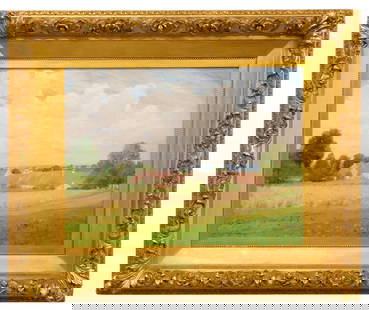 Alexis Jean Fournier Painting: (American/Minnesota/Indiana, 1865-1948). Oil on canvas. Pastoral scene with village in background. Signed lower left and dated 1898. Sight size 18" high x 24" wide. Housed in an exceptional ornate gol