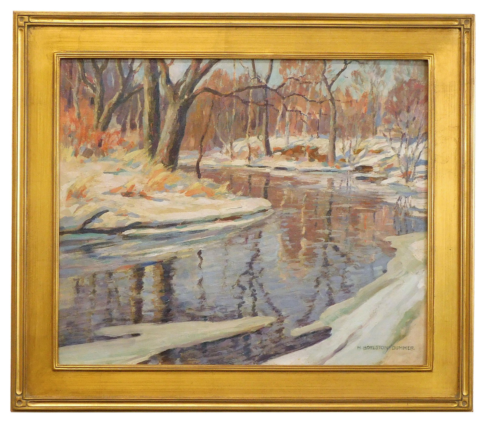 H. Boylston Dummer Painting: (American, 1878-1945). Oil on board. Depicts the Shawsheen River (Massachusetts) in the winter. Signed lower right. Sight size: 19 1/4" high x 23" wide. In a high quality gold gilded frame measuring: 