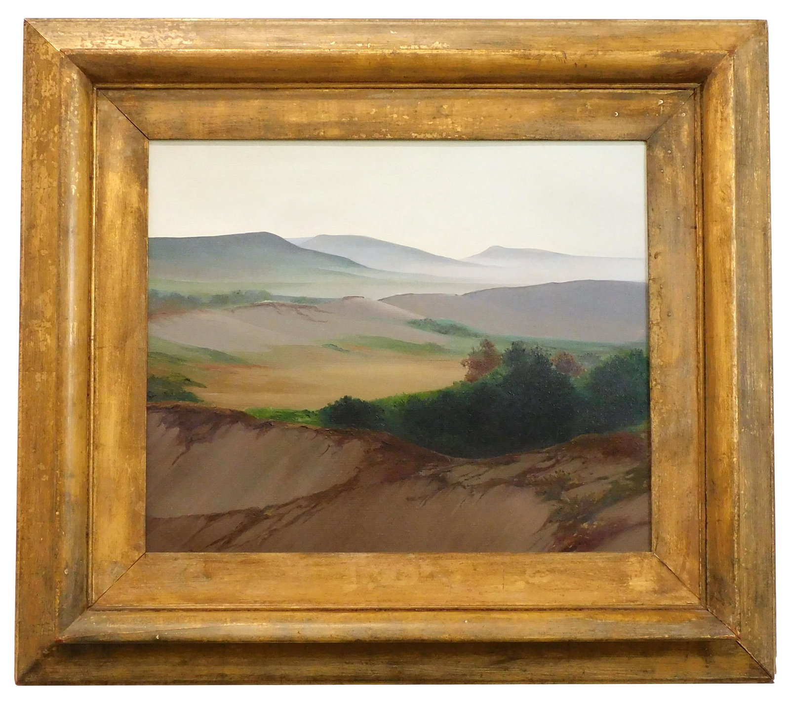 Raymond Eastwood Painting: (American, 1898-1987). Oil on canvas. Depicts a landscape. Signed lower right. Sight size: 19 1/4" high x 23 1/2" wide. In an intentionally distressed carved gilded frame measuring: 31 3/4" high x 35 