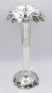 Sterling Silver Trumpet Vase: Art Nouveau floral design. 16" high x 7 1/4" diameter. 22.2 ozt. Provenance: A Newport, Rhode Island collection. Please note this lot must be paid for by cash, wire transfer or known check. Items will