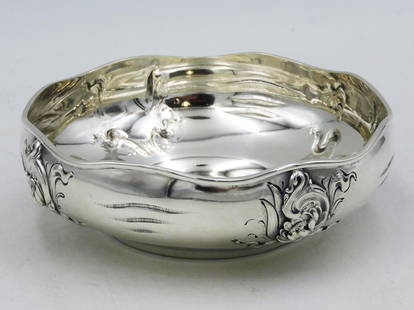 Shiebler Sterling Silver Art Nouveau Bowl: Embossed floral design. 1 1/2" high x 4 3/4" diameter. 3.44 ozt. Provenance: A Newport, Rhode Island collection. Please note this lot must be paid for by cash, wire transfer or known check. Items will