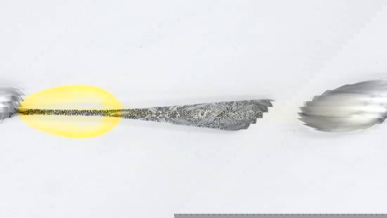 Sterling Stuffing Spoon by J.E. Caldwell: Engraved geometric floral design. Gold washed bowl. 13 1/2" long. 5.9 ozt. Provenance: A Newport, Rhode Island collection. Please note this lot must be paid for by cash, wire transfer or known check.