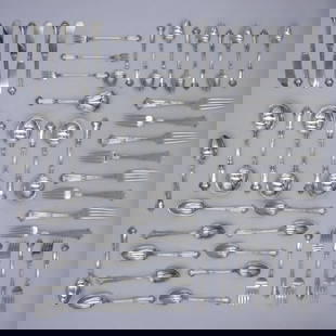 (52) Pieces Gorham Sterling Flatware: Ca. 1912 Albemarle pattern. To include: (A) Eight dinner forks. 7 5/8" long. (B) Six butter knives. 5 3/4" long. (C) Eight soup spoons. 6 3/4" long. (D) Twelve teaspoons. 6" long. (E) Eight ice cream
