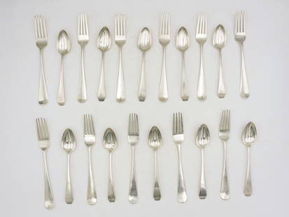 (2) Sets of Coin Silver Flatware: To include: (A) Eleven dinner forks with fiddlehead. 8 1/4" long. Hallmark John Vernon. Ca. 1793. Monogram for Archibald Gracie of New York City Gracie Mansion. (B) Ten teaspoons with coffin tops and