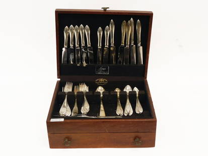 (60) Piece Sterling Silver Flatware Set: Dominick & Haff. Pointed Antique pattern. To include: (A) Four dinner forks. 7 1/2" long. (B) Ten luncheon forks. 7 1/8" long. (C) Eleven dessert forks. 6 1/4" long. (D) Six grapefruit spoons. 5 1/2"