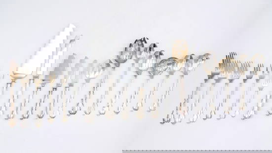(93) Piece Lunt Sterling Silver Flatware Set: Mignonette pattern. To include: (A) Eight dinner forks. 7 1/2" long. (B) Eleven salad forks. 6 3/4" long. Four are slightly different pattern. (C) Four luncheon forks. 6 1/2" long. (D) Nineteen teaspo