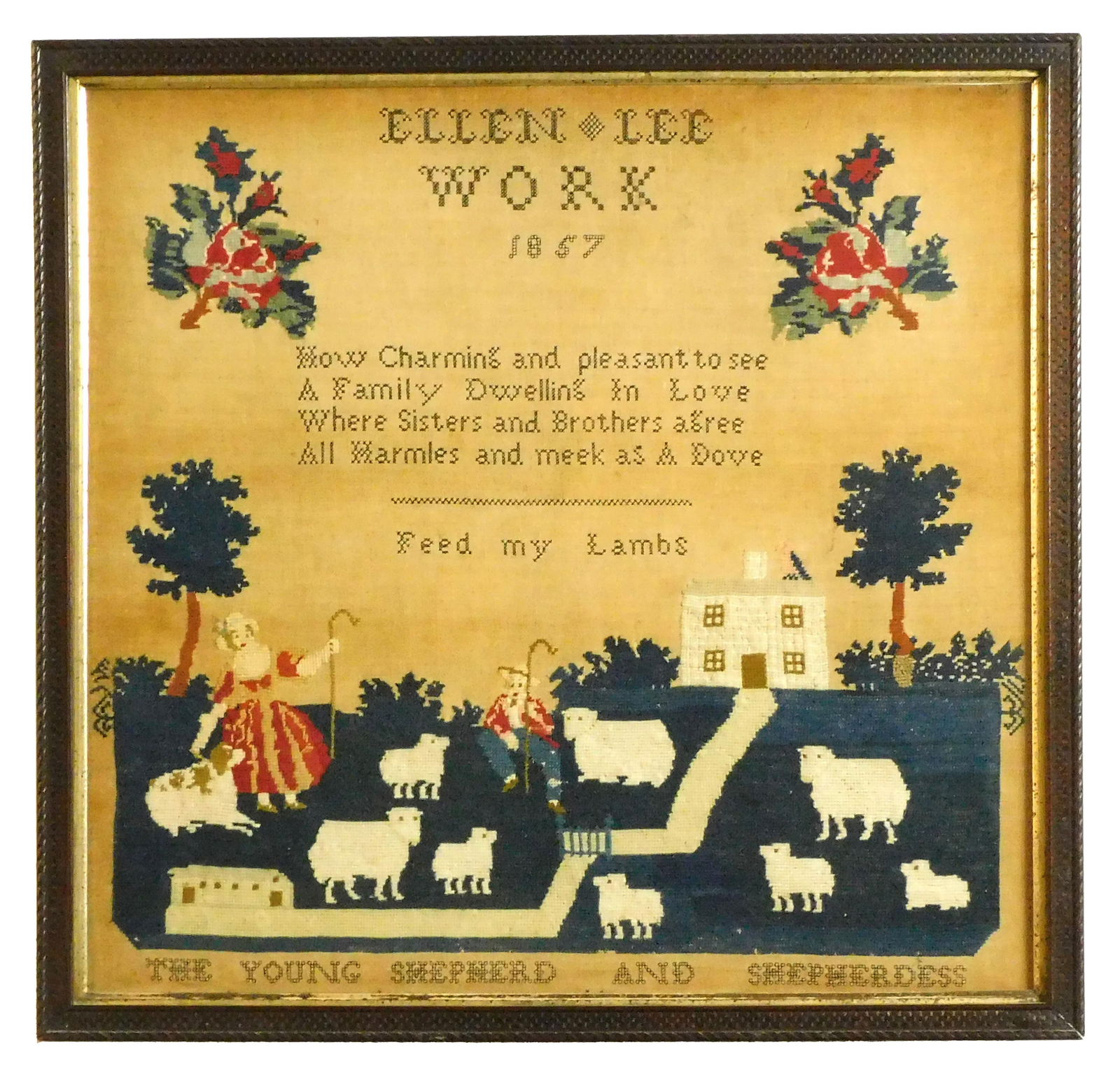 Needlework Sampler: Dated 1857, wrought by Ellen Lee, depicts a federal farmhouse with herd of sheep, a young shepherd and a shepherdess. Sight size 24" x 24 3/4", with period walnut frame, overall 26 1/2" x 27 1/4".