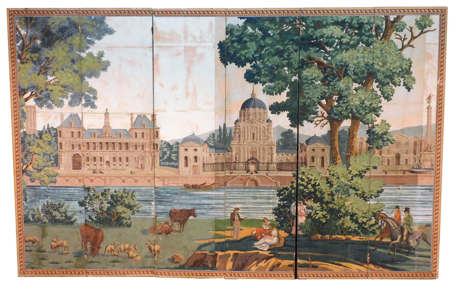 Joseph Dufour French Six-Panel Screen.: Early 19th C. Part of the Monuments of Paris wallpaper series designed by Xavier Mader. Depicts a pastoral view in the foreground and a river with classical buildings on the other embankment. Three pa