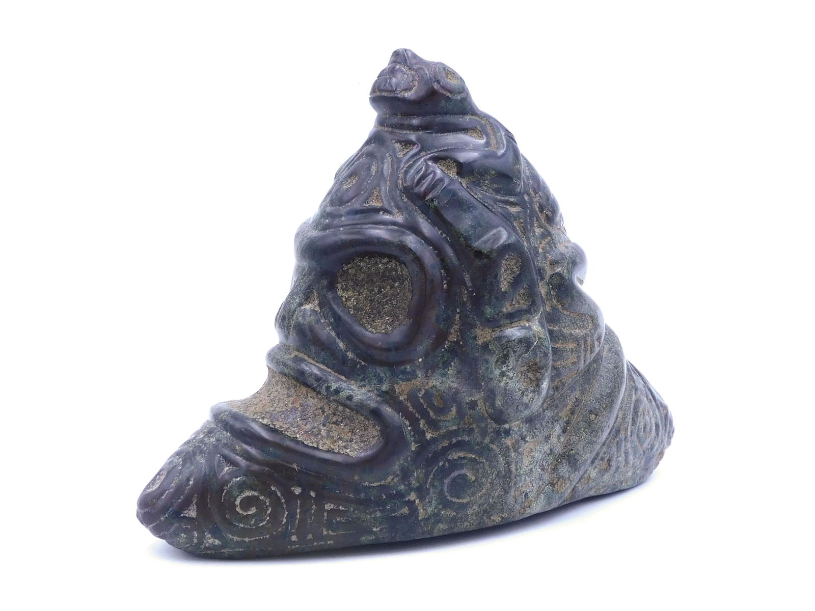 Taino Elaborate Zemi: Ca. 600-1550 AD. Dominican Republic. The god Yucahu with "Minimal" cone, human to frog transition. The full relief carved body of a frog is humanized with Anthropic face. An incised face appears under