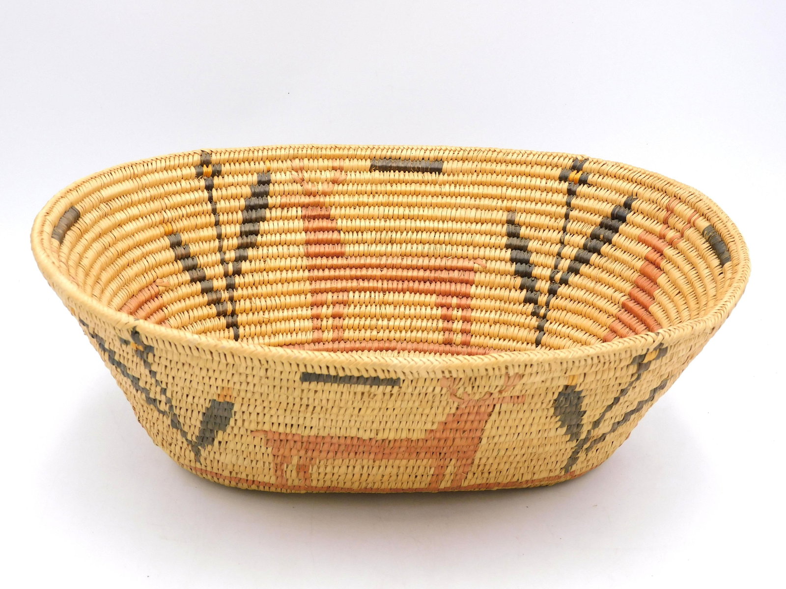 Pictorial Jicarilla Basket: Early 20th C. Tapered sides. 5 1/4" high x 15" wide x 12 1/2" deep.