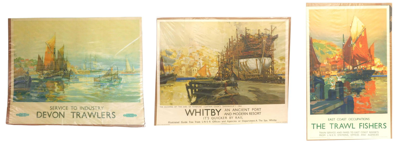 (3) British Travel Posters by Frank Mason: (British, 1876-1965). 1940s. To include: (A) East Coast Occupations / The Trawl Fishers. 39 1/2" high x 24 3/4" wide. By London & Northeastern Railway. Linen backed. Housed in a plastic sleeve. (B) 19