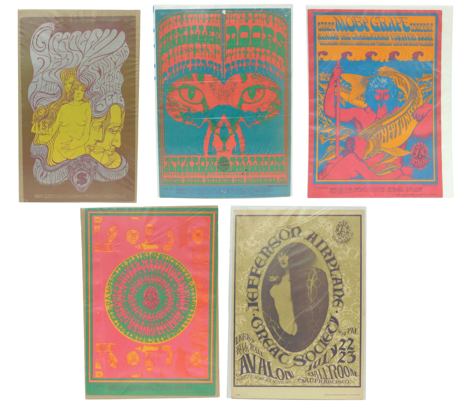 (5) Psychedelic Rock Concert Posters: Various makers. To include: (A) Jefferson Airplane Great Society. Designed by Mouse Studios. Ca. 1967. 20 1/4" high x 14" wide. Housed in plastic sleeve. (B) Grateful Dead for Filmore Theatre, San Fra