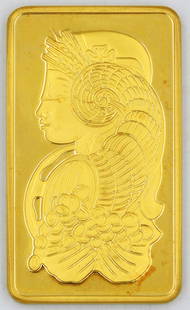 Suisse 5 ozt Gold Bar: Essayeur Fondeur. Serial number 004261. Please note this lot will not be available for in-person viewing. Please note this lot must be paid for by cash, wire transfer or known check. Items will be shi
