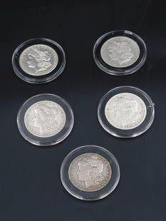 (5) Morgan Carson City Silver Dollars: To include: (A)1878; (B) 1883; (C) 1882; (D) 1890 (E) 1891. Please note this lot must be paid for by cash, wire transfer or known check. Items will be shipped or sent to shipper once payment clears.