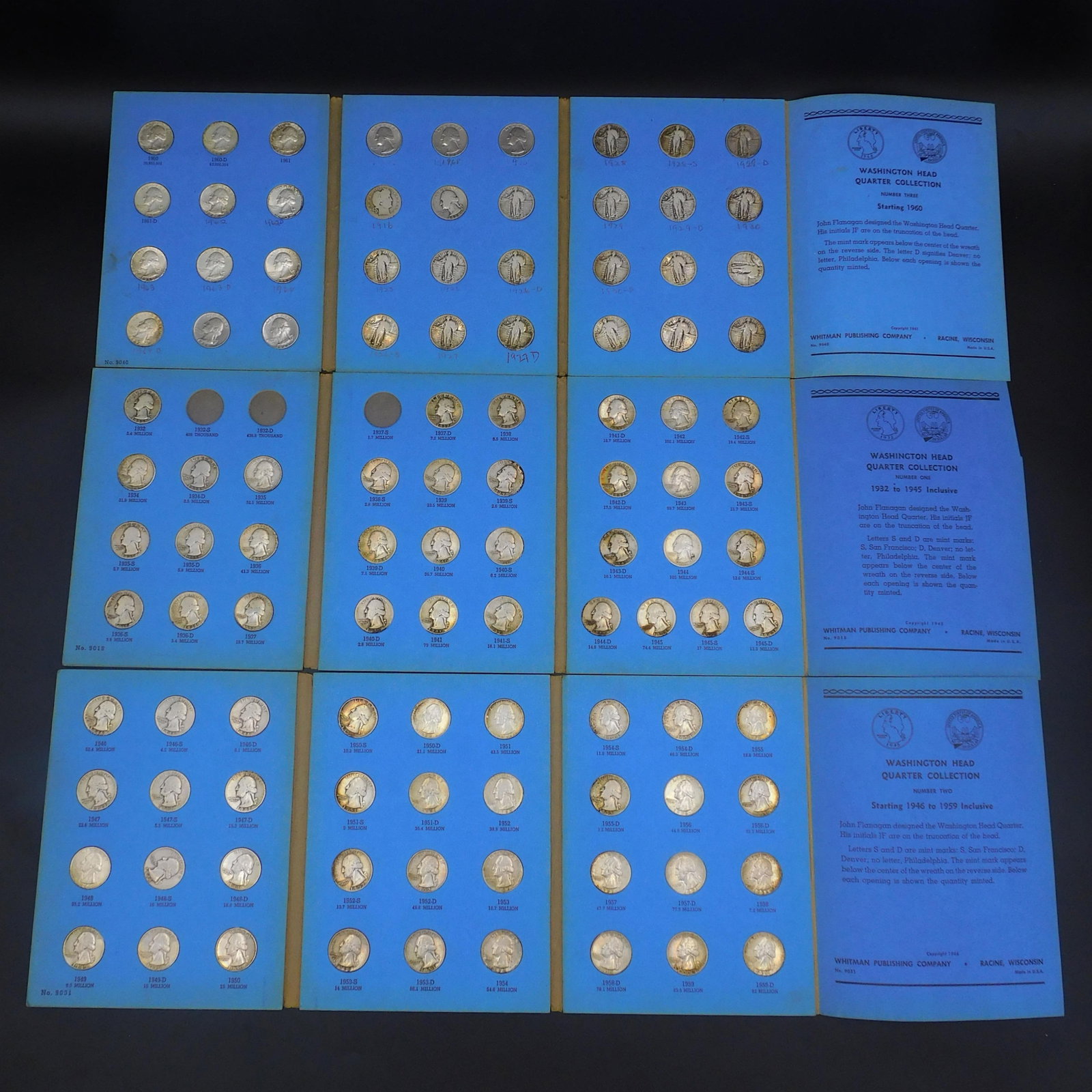 (4) Collector Coin Books Containing (102) Coins.: Silver Quarter Collection 1932-1964 97 are silver. Housed in booklets, to include: (A) Washington Quarter Collection 1946 to 1959 Number 2. Contains one quarter, 1947-S. (B) Washington Head Quarter, C