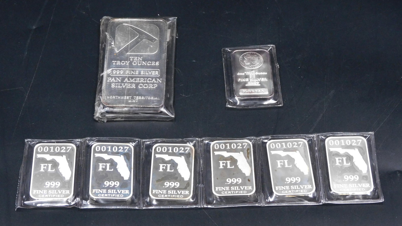 (8) Pure Silver Bars: .999. To include: (7) 1 ozt and (1) 10 ozt. 17 total ozt. Please note this lot must be paid for by cash, wire transfer or known check. Items will be shipped or sent to shipper once payment clears.