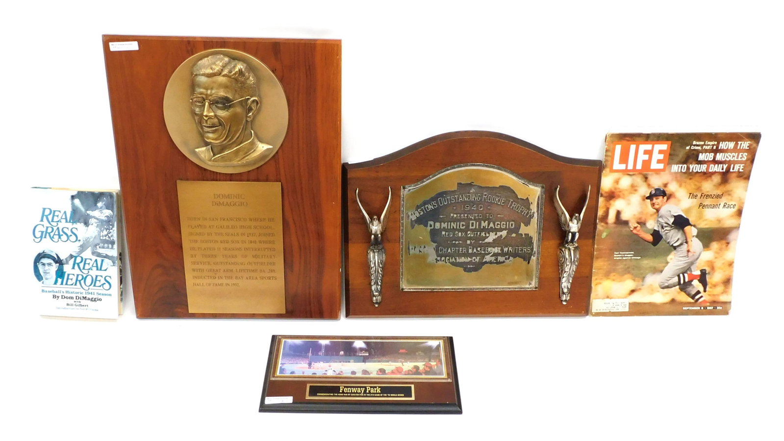 Boston Red Sox Memorabilia Collection: To include: (A) Trophy plaque. Ca . 1940. "Presented to Dominic DiMaggio, Red Sox Outfielder, by Boston Chapter Baseball Writers Association of America. Boston's Outstanding Rookie Trophy". With silve