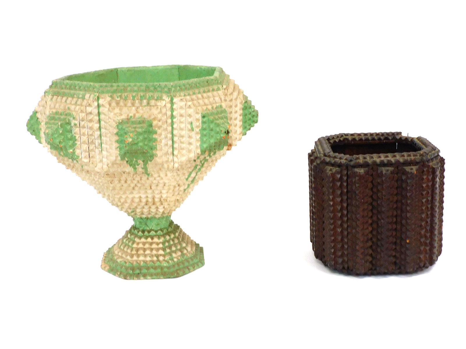 (2) Tramp Art Vases: Late 19th C. To include: (A) Octagonal shape. Made from old shipping crates. 6" high x 6" wide x 6" deep. (B) Rare pedestal form with unusual green and cream painted designs. Made from an old cheese c